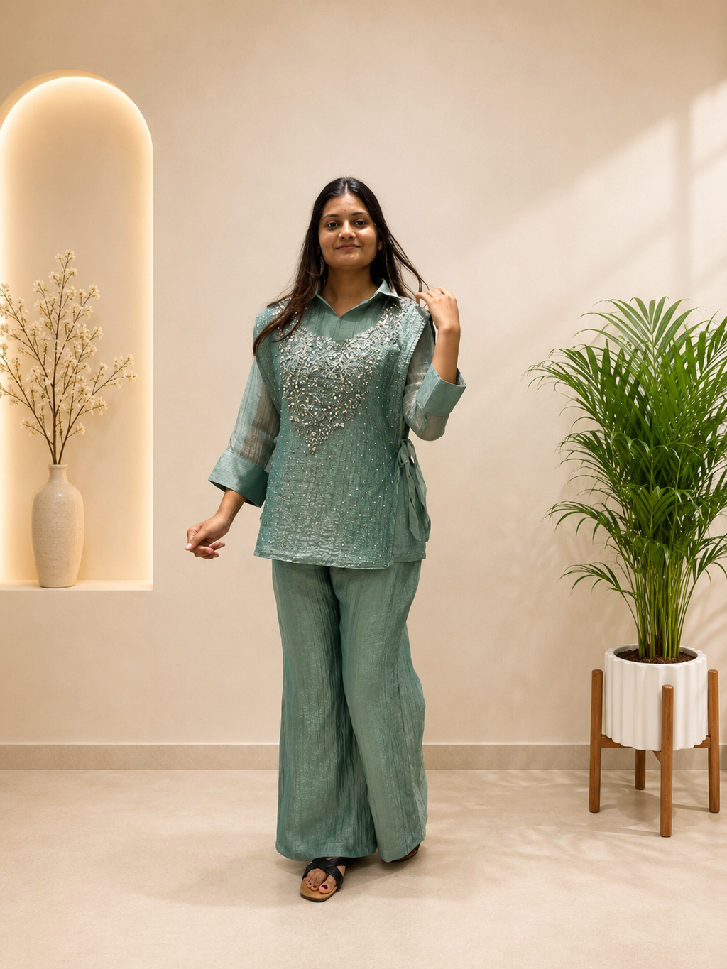Very Beautiful Sage Green Salsa Silk HandWork Co-Ord Set
