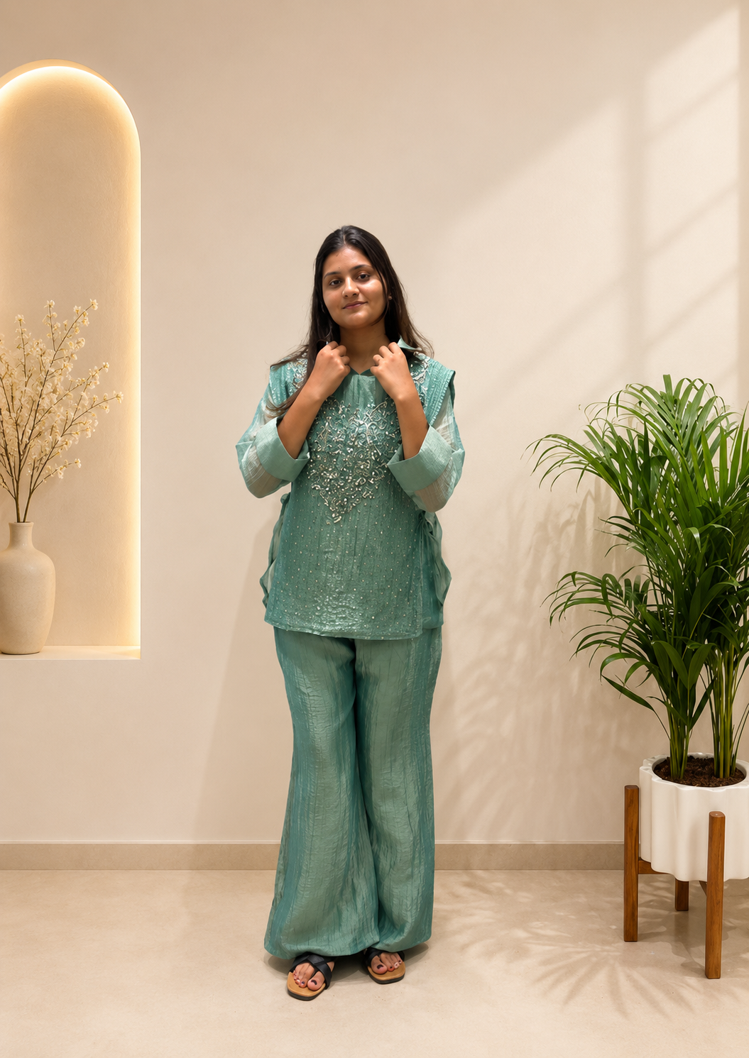 Very Beautiful Sage Green Salsa Silk HandWork Co-Ord Set