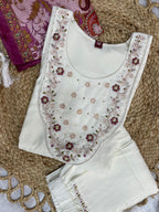 Elegant Off-White Premium Marina Silk Embroidered Kurti Pant Dupatta Set