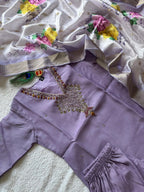 Elegant Lavender Premium Mul Chanderi Hand-Work Suit Set with Floral Dupatta