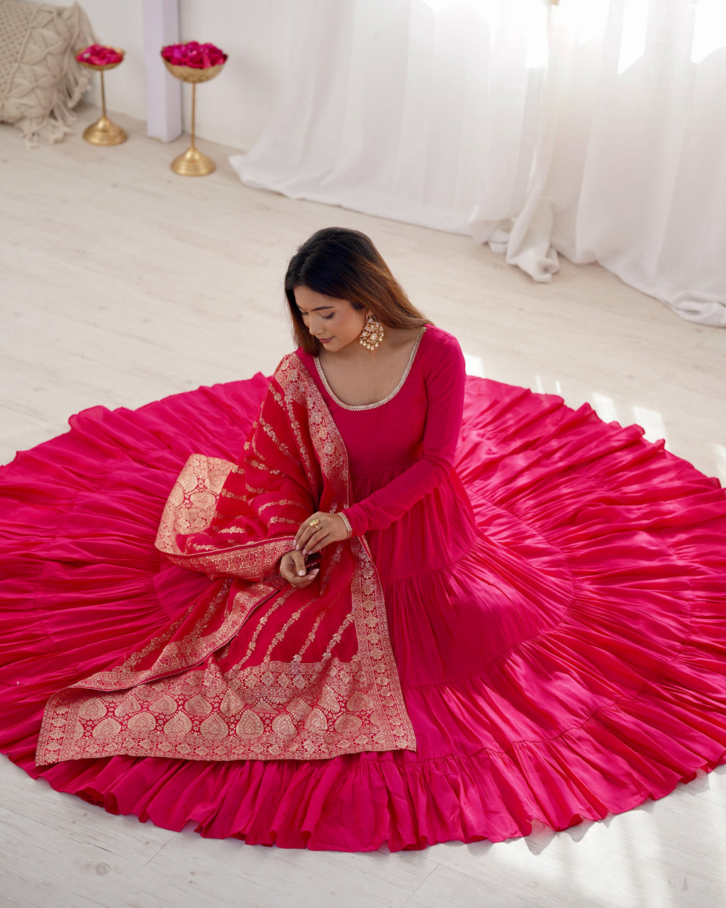 Pink Roman Silk Anarkali Suit Set with Woven Banarasi Dupatta