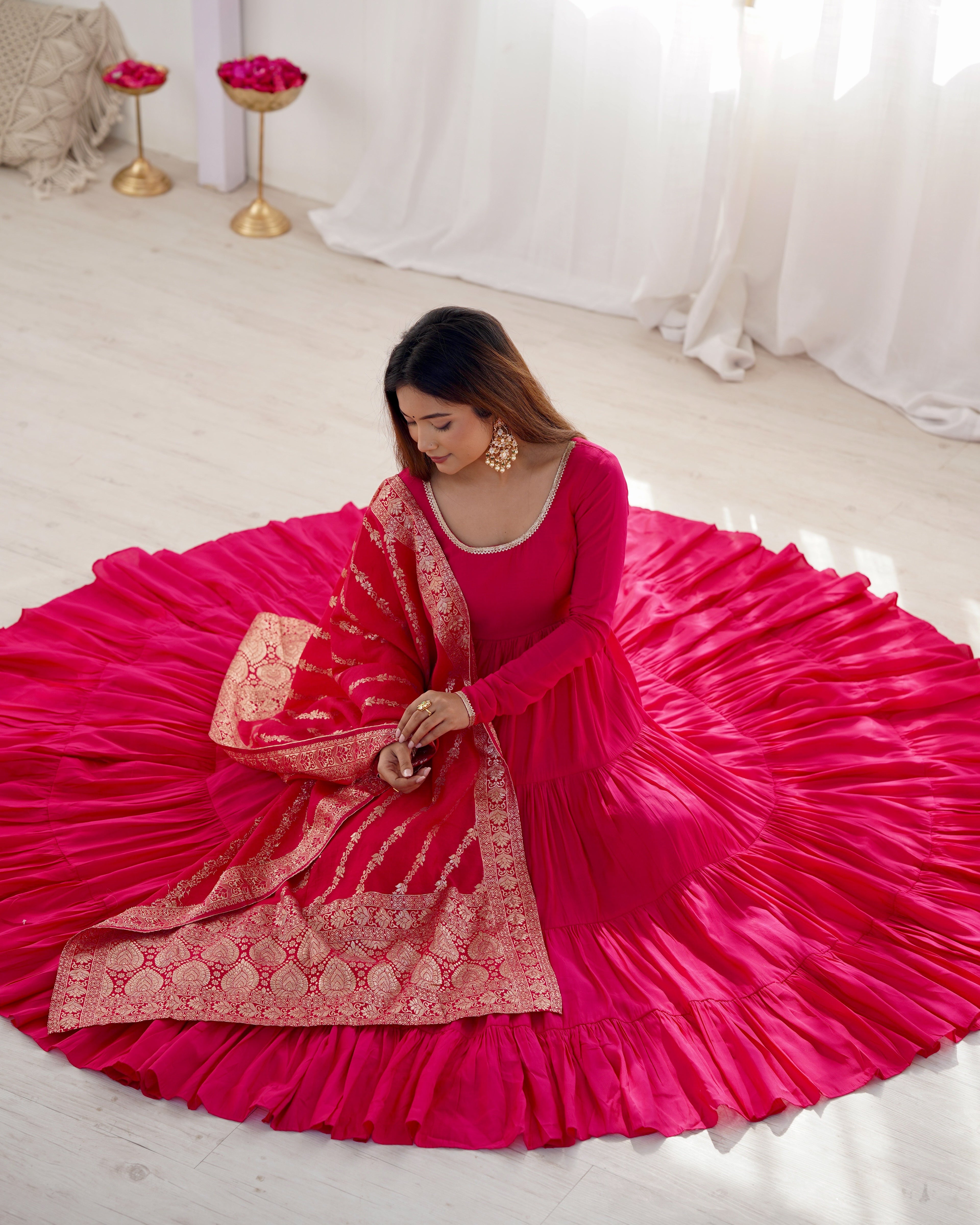 Pink Roman Silk Anarkali Suit Set with Woven Banarasi Dupatta
