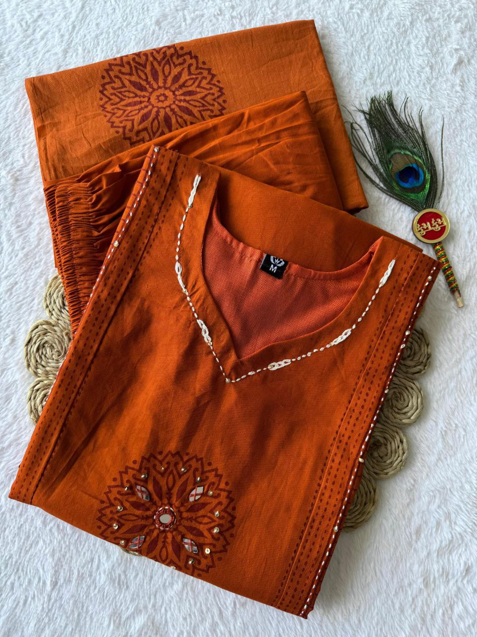 Premium Rust Orange Hand Block Print Pure Cotton Suit Set