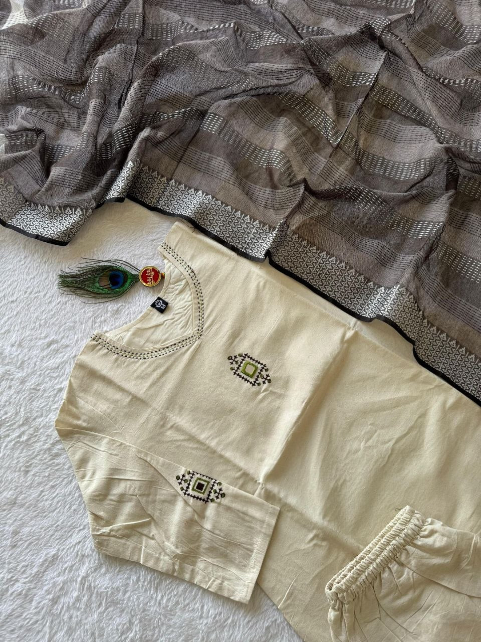 Premium Heritage Khadi Cotton Embroidery Suit Set With Real Mirror Work