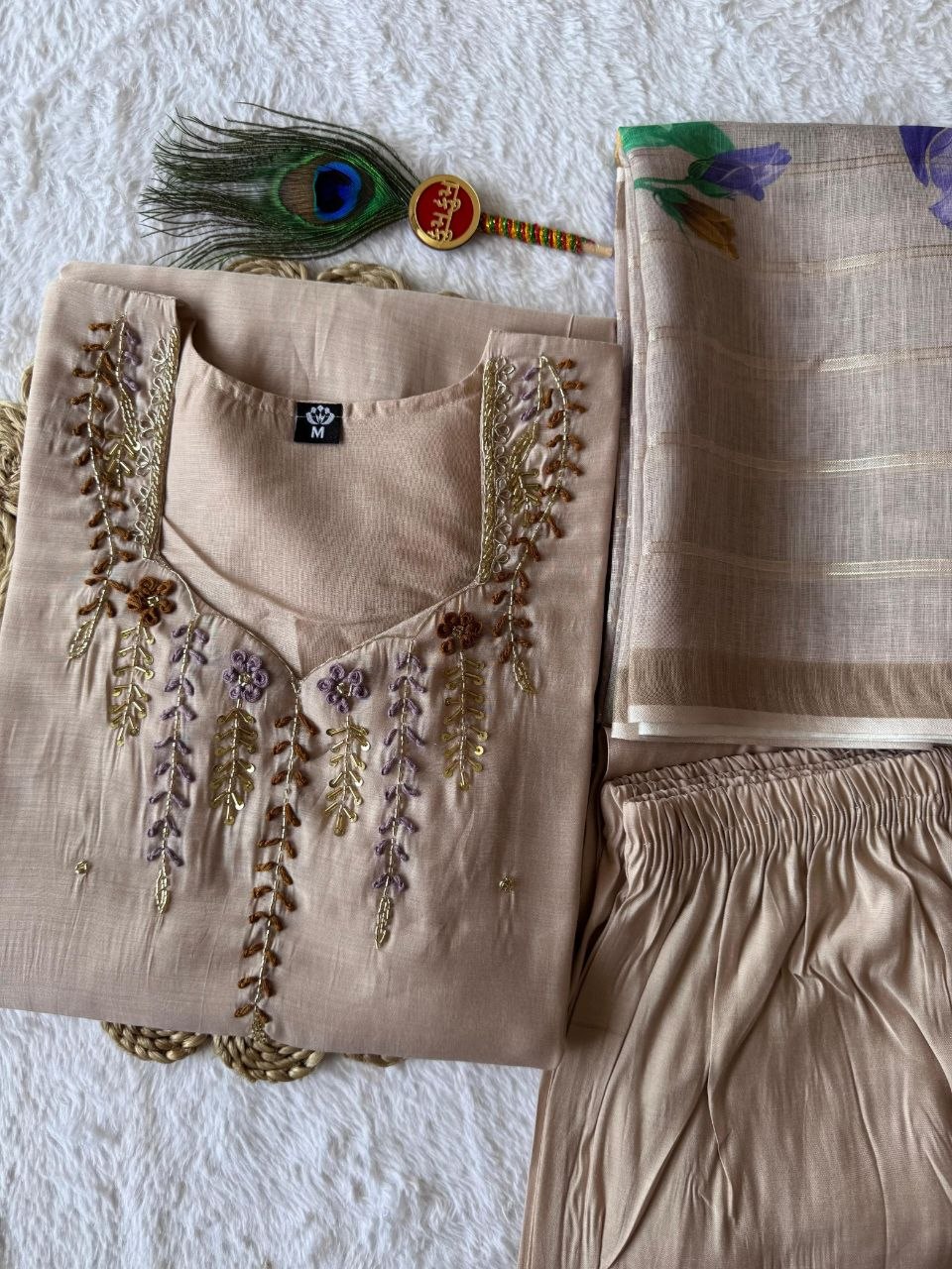 Elegant Beige Hand Work Premium Mul Chanderi Suit Set With Floral Dupatta