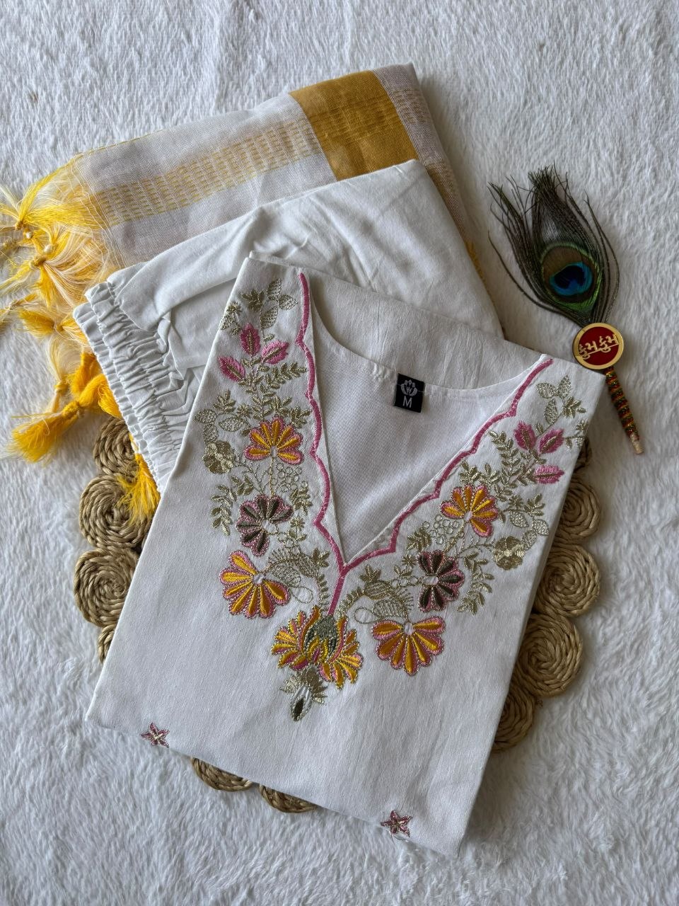 Pure Khadi Cotton Multi-Thread Embroidered Kurta Pant Set with Dupatta