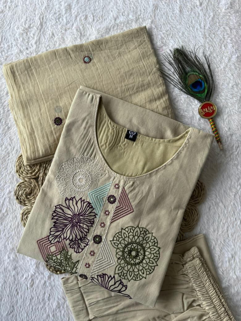 Elegant Beige Pure Cotton Thread Embroidery Suit Set