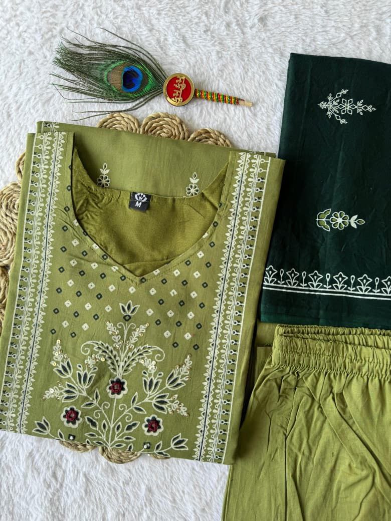 Elegant Green Hand Block Printed Pure Cotton Suit Set