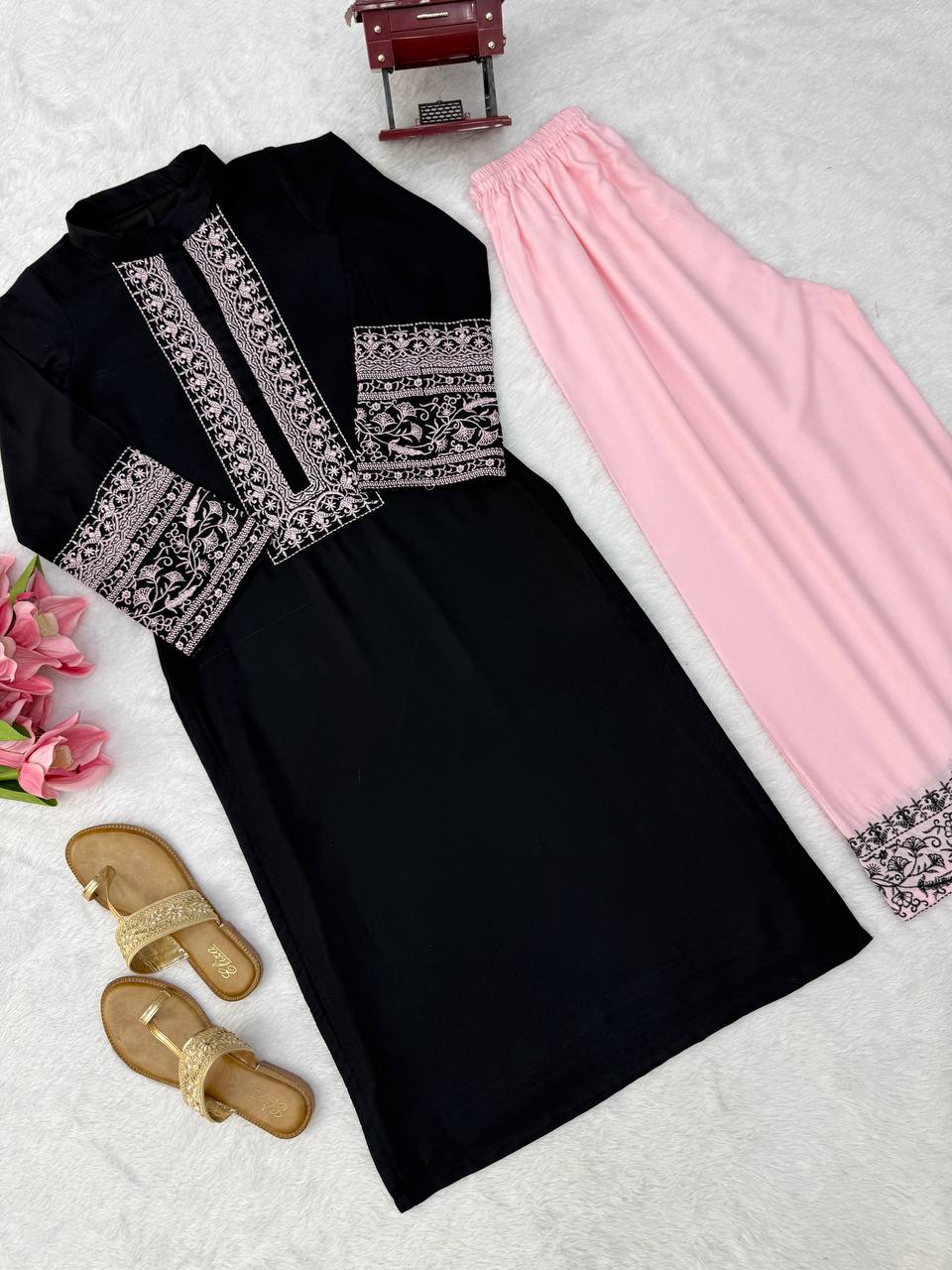 Black Rayon Thread Work Cotton Co-ord Kurta Set