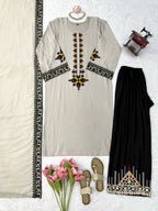 Elegant Beige Rayon Satin Thread Work Kurta Palazzo Set