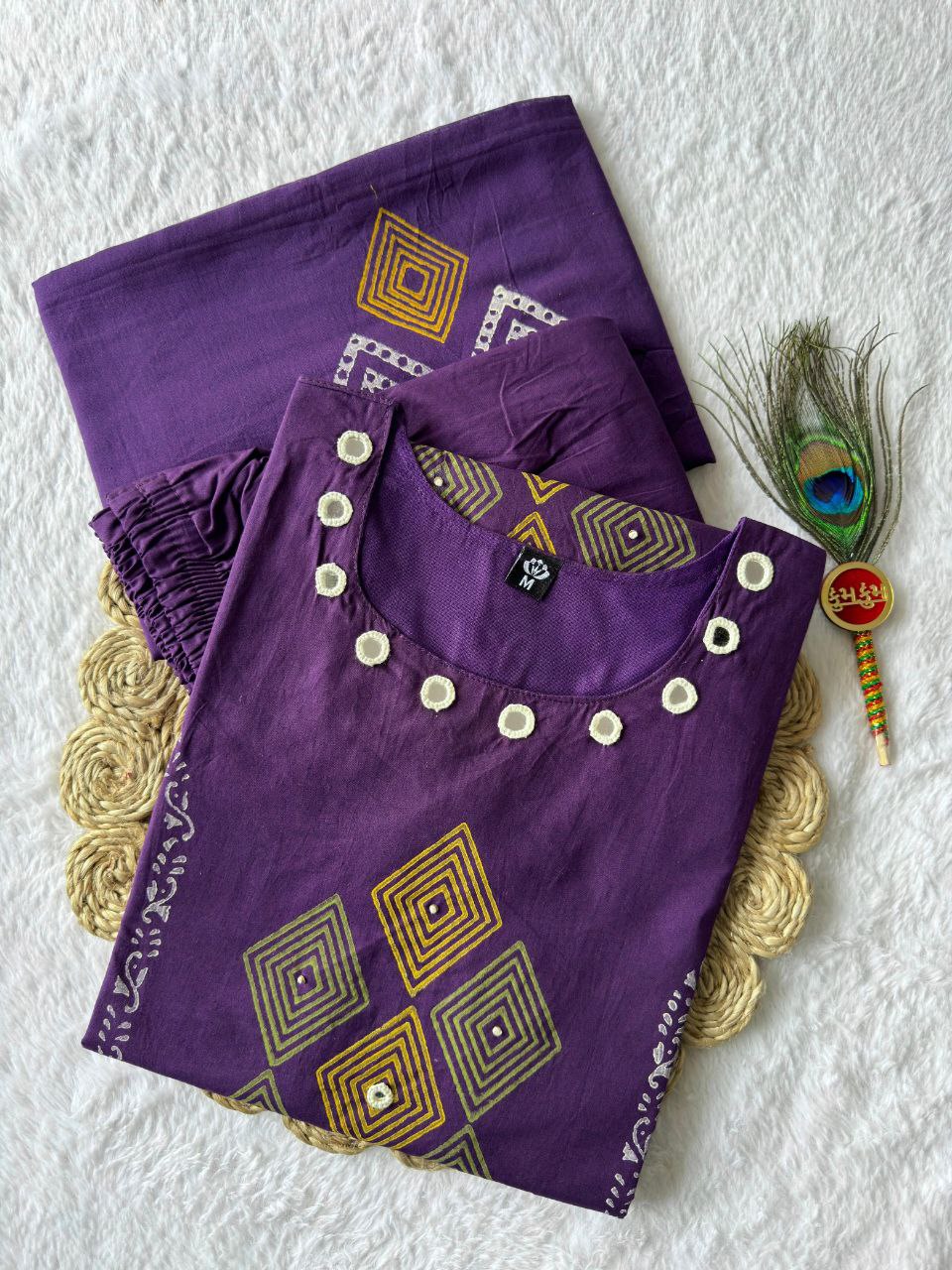 Elegant Royal Purple Pure Cotton Suit Set With Mirror Hand Work