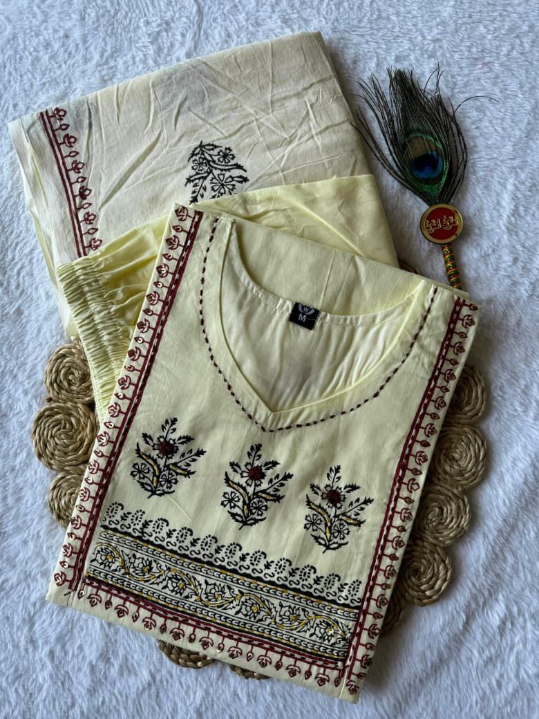 Ivory Cream Pure Cotton Hand Block Print Kurta Pant Set
