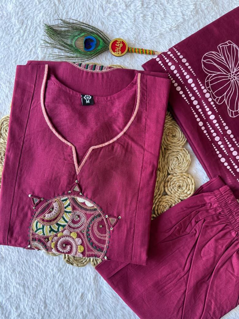 Wine Pure Cotton Embroidery Kurta Pant Set With Mandala Patchwork