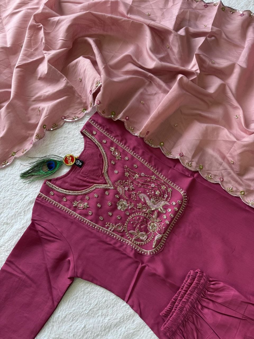 New Designer Magenta Premium Roman Silk Embroidered Suit Set