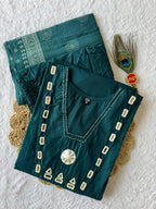 Emerald Teal Cotton Ethnic Suit Set With Real Mirror Hand Work