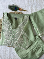 Pista Green Pure Mul Chanderi Embroidered A-Line Suit Set with Dupatta
