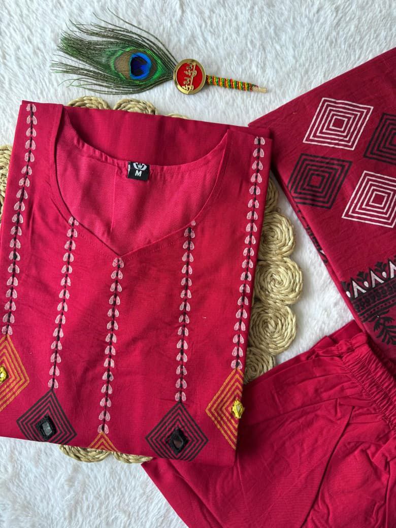 Attractive Rani Pink Pure Cotton Ethnic Suit Set with Hand Block Print Work