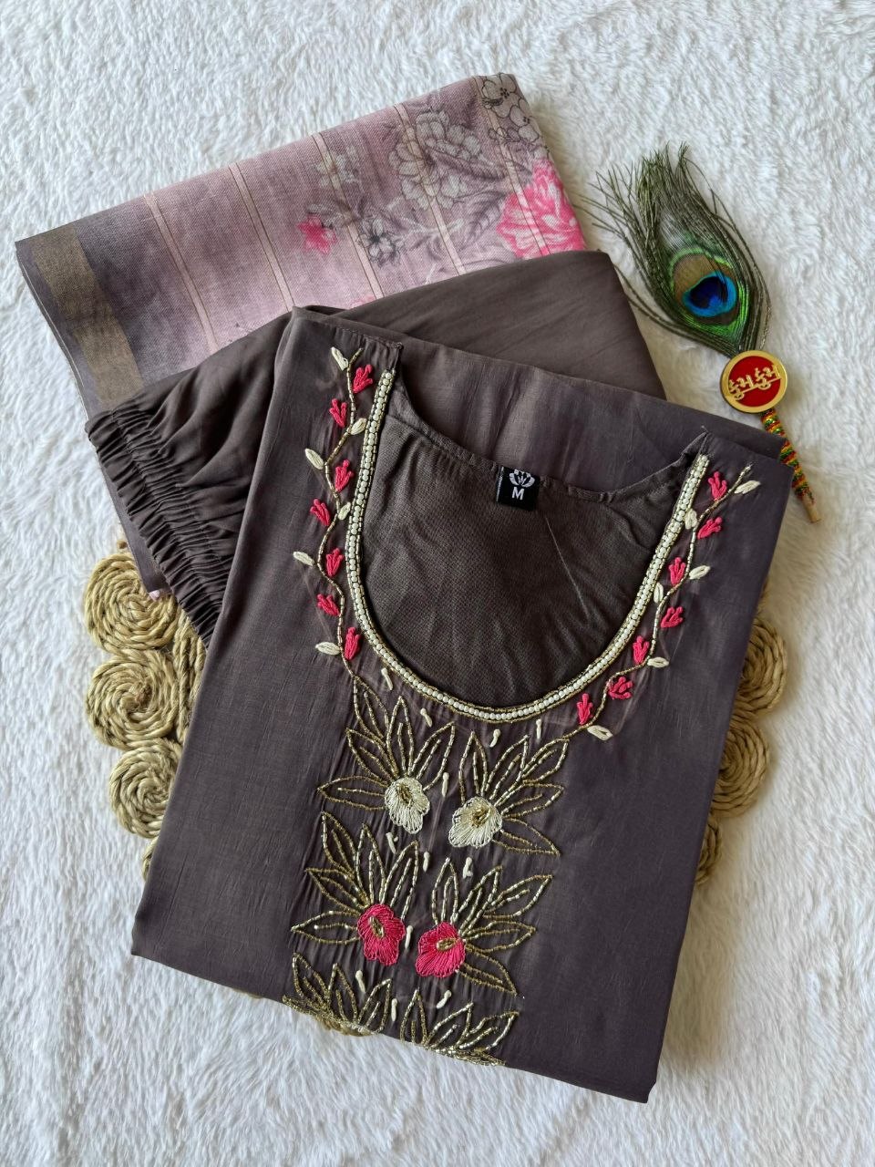 Brown Premium Mul Chanderi Hand Work Suit Set With Floral Dupatta