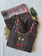 Brown Premium Mul Chanderi Hand Work Suit Set With Floral Dupatta