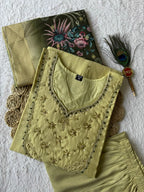 Very Beautiful Lime Green Handwork Premium Mul Chanderi Suit Set