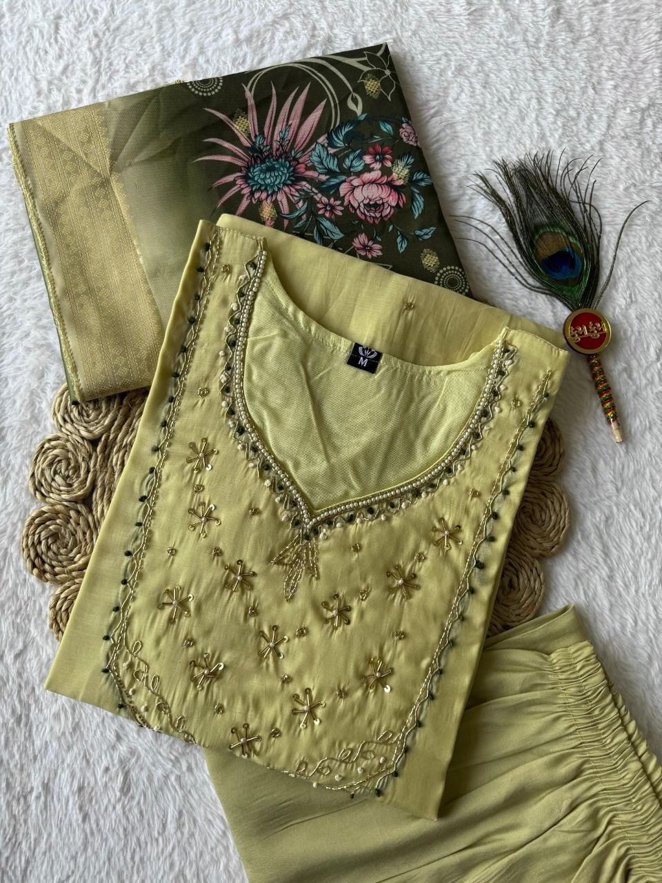 Very Beautiful Lime Green Handwork Premium Mul Chanderi Suit Set