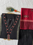 Classic Black Cotton Ethnic Suit Set With Block Print With Real Mirror Hand Work