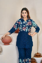 Woman's Designer Teal Blue Pure Cotton Printed Co-Ord Set