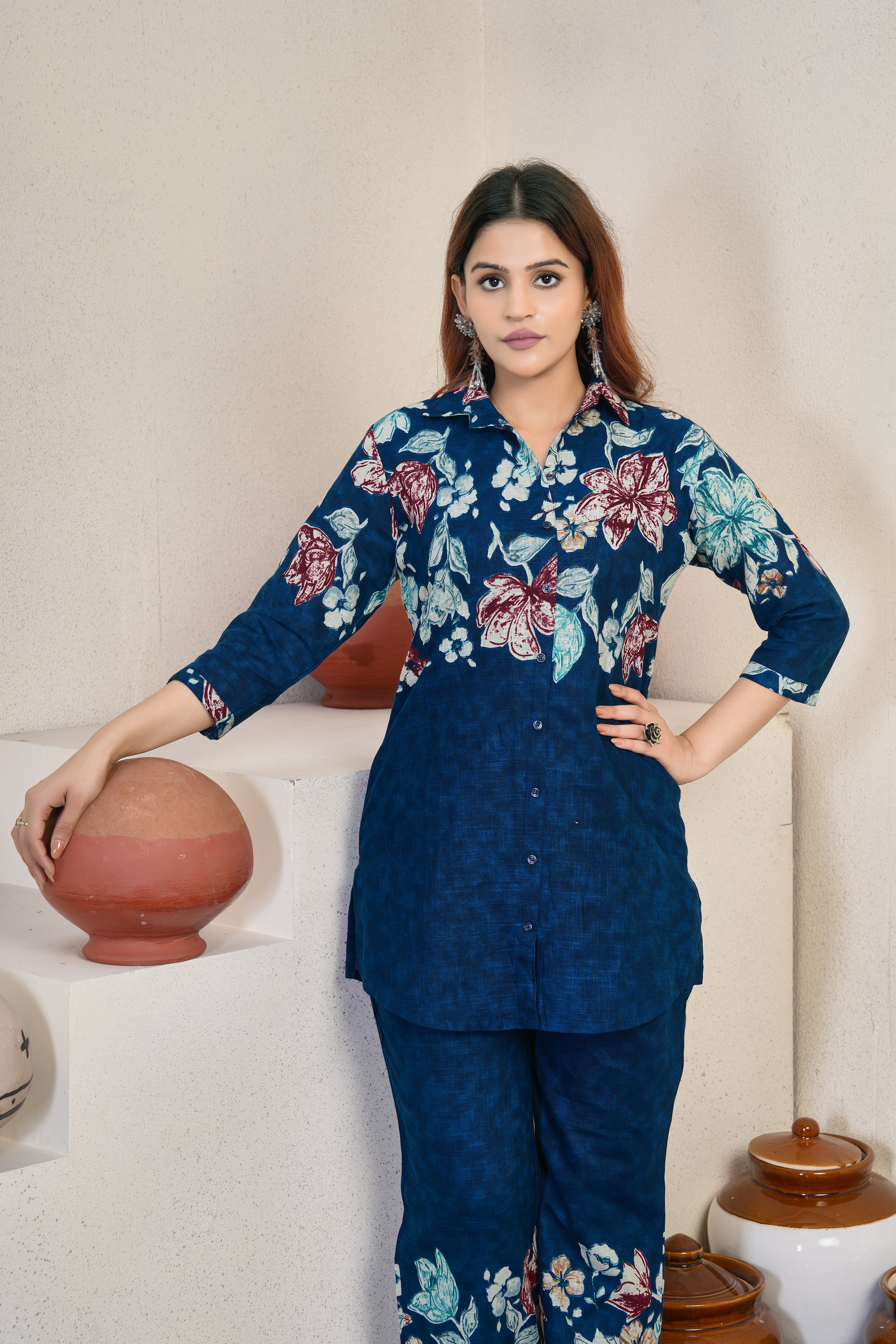 Woman's Designer Teal Blue Pure Cotton Printed Co-Ord Set