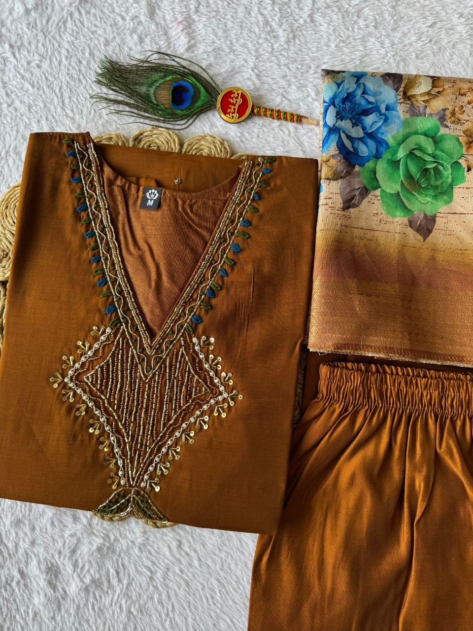 Very Attractive Brown Hand Embroidered Mul Chanderi Ethnic Suit Set