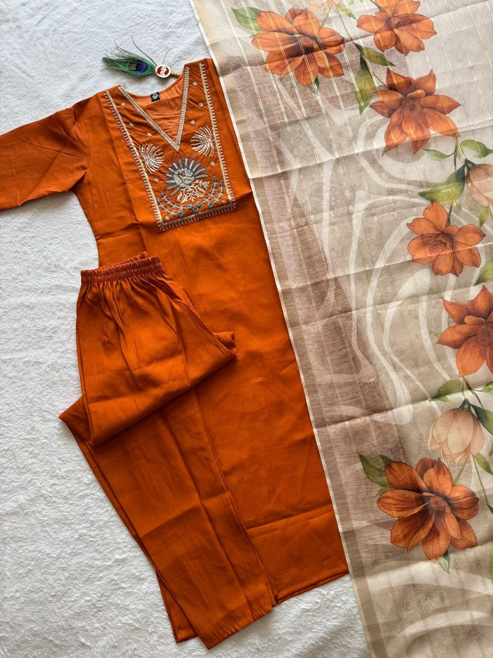 Elegant Rust Premium Roman Silk Embroidered Suit Set with Floral Dupatta