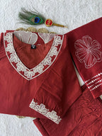 Very Beautiful Red Floral Embroidered Cotton Suit Set