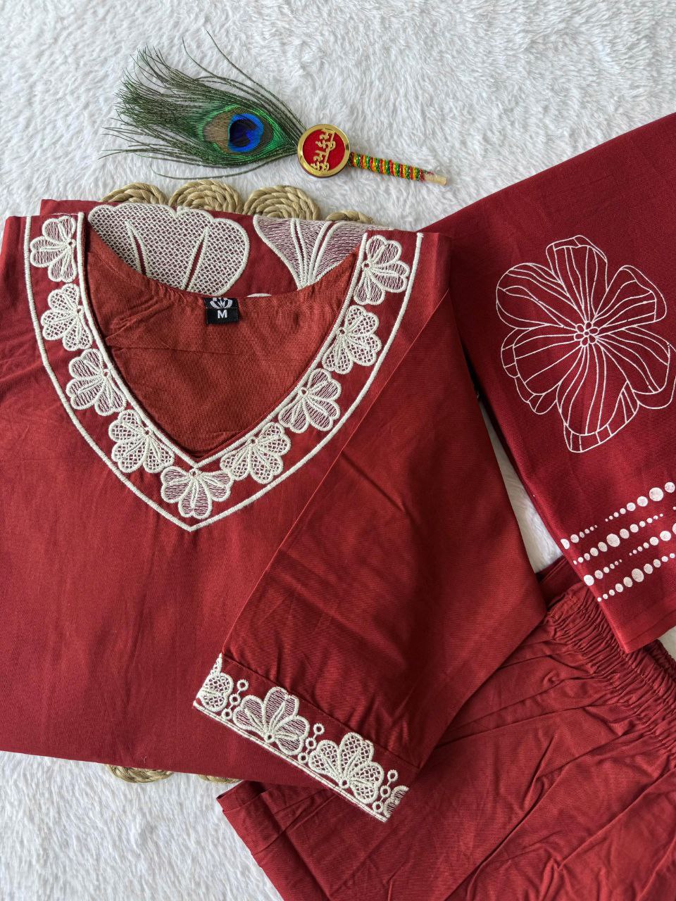 Very Beautiful Red Floral Embroidered Cotton Suit Set