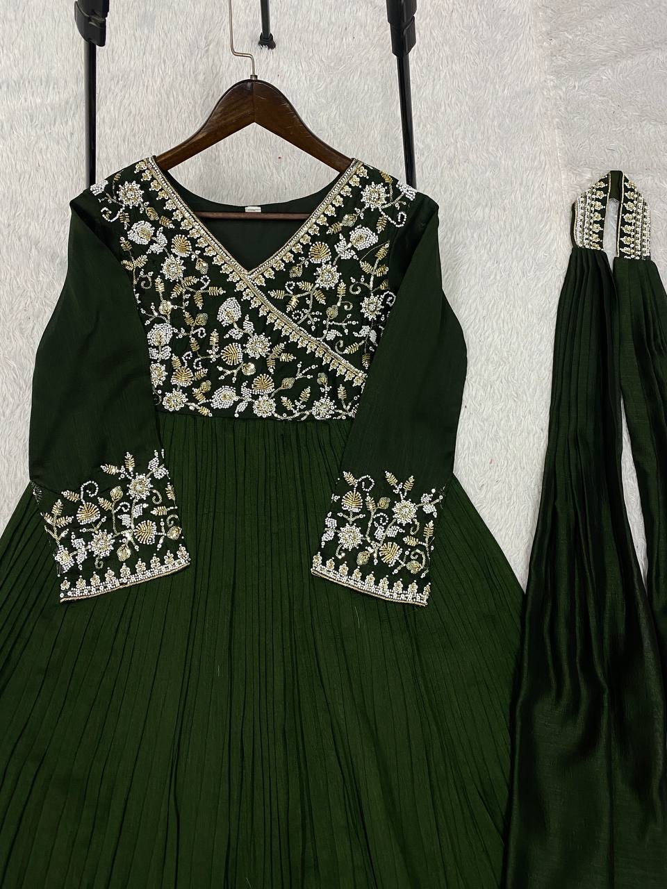 Green Blooming Vichitra Silk Embroidered Anarkali Gown