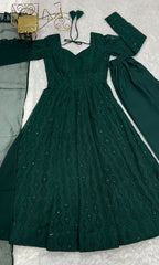Emerald Grace Soft Georgette Silk Anarkali Suit Set with Ruffle Dupatta