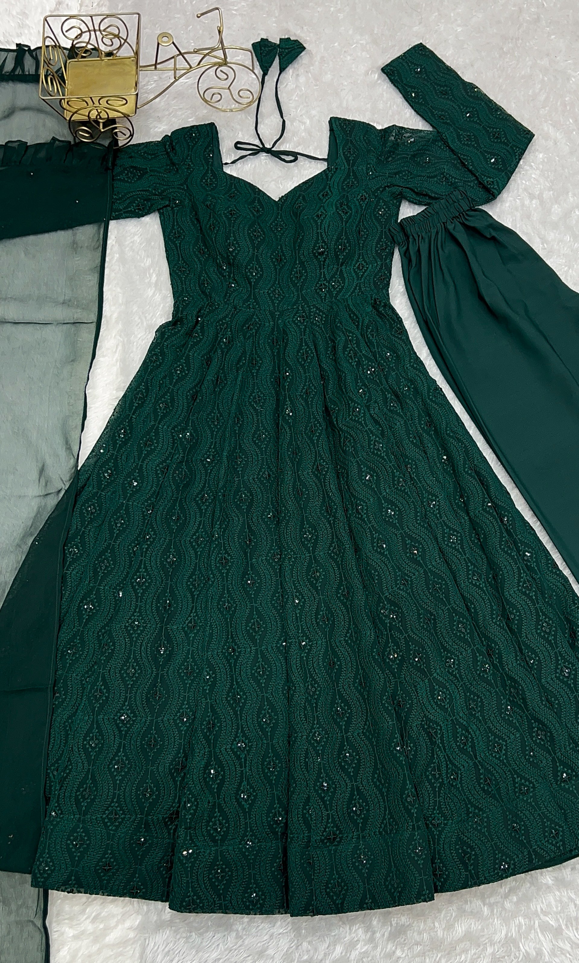 Emerald Grace Soft Georgette Silk Anarkali Suit Set with Ruffle Dupatta