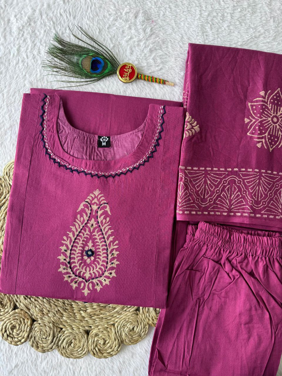 Catchy Rouge Pure Cotton Suit Set With Mirror Hand Work