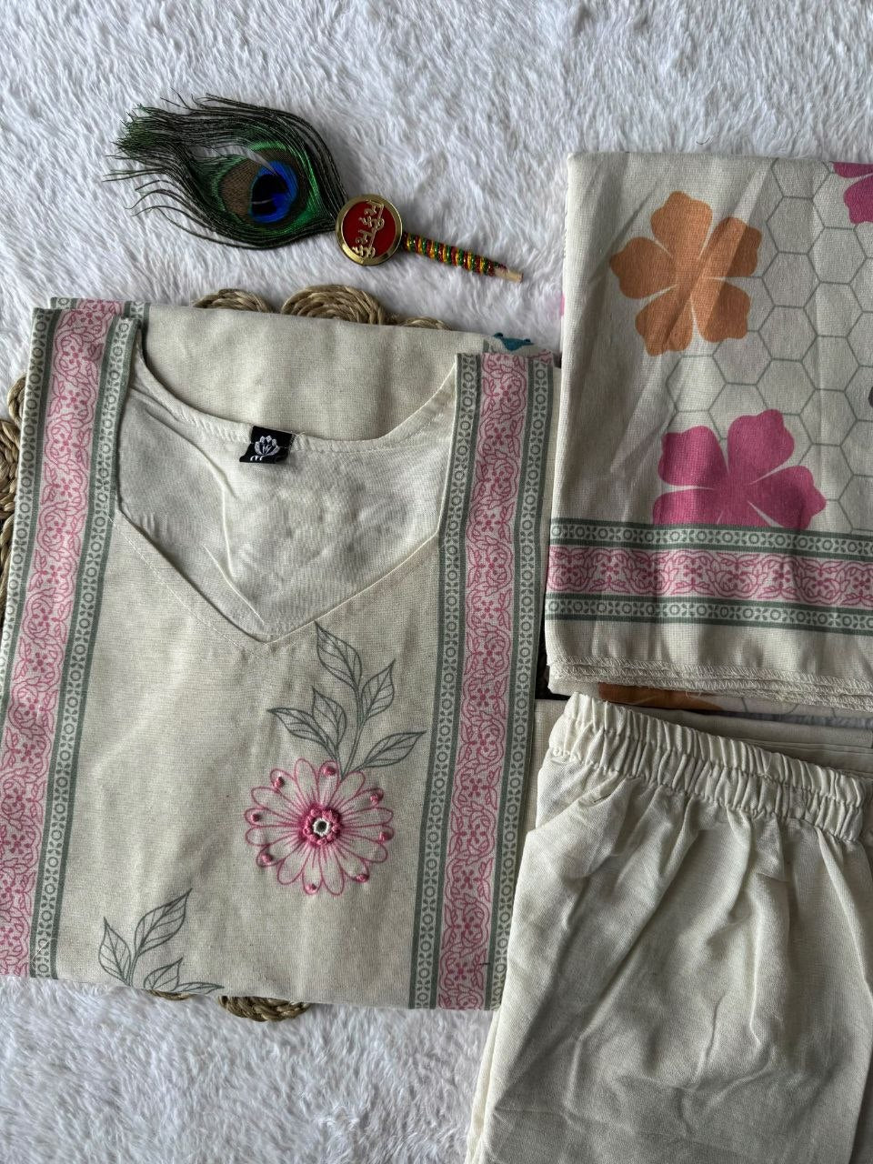 Very Attractive Pure Khadi Cotton Multi-Thread Handwork A-Line Kurta Set