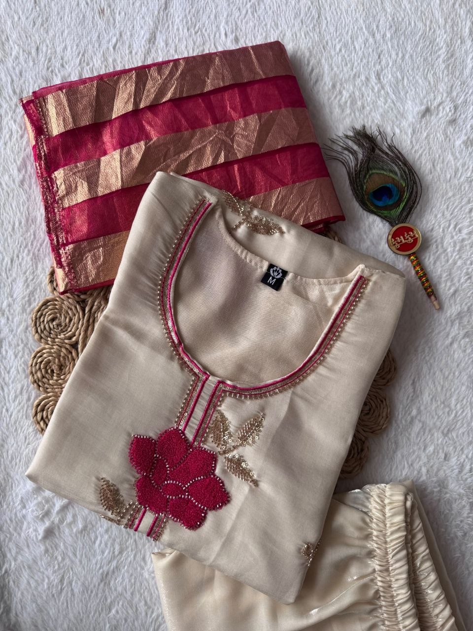 Elegant Beige Premium Roman Silk Beads Embroidered Suit Set