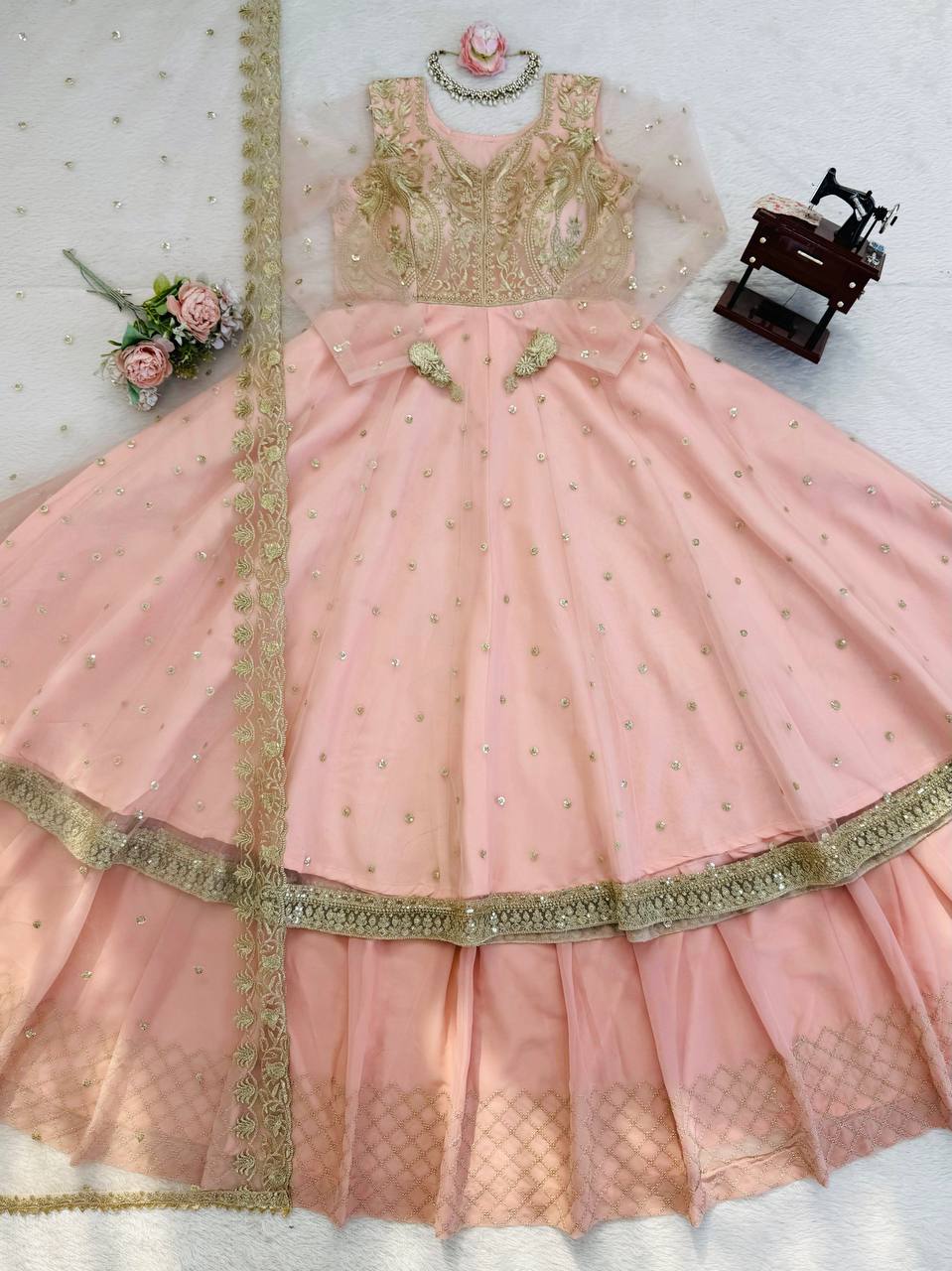 Peach Faux Georgette Thread and Sequence Anarkali Suit Set