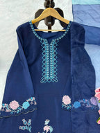Navy Blue Floral Thread Work Jura Silk Kaftan-Style Kurta Set