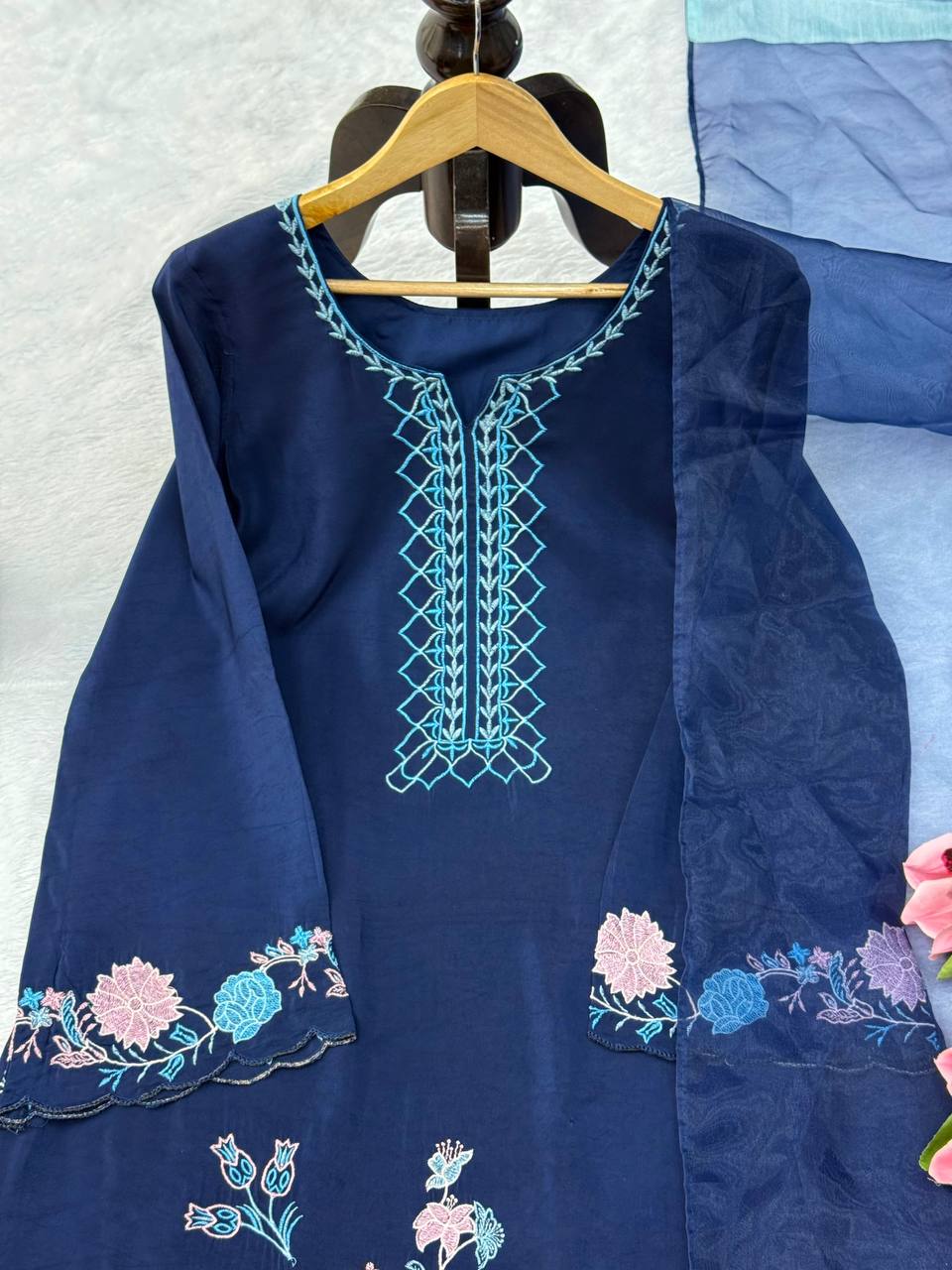 Navy Blue Floral Thread Work Jura Silk Kaftan-Style Kurta Set