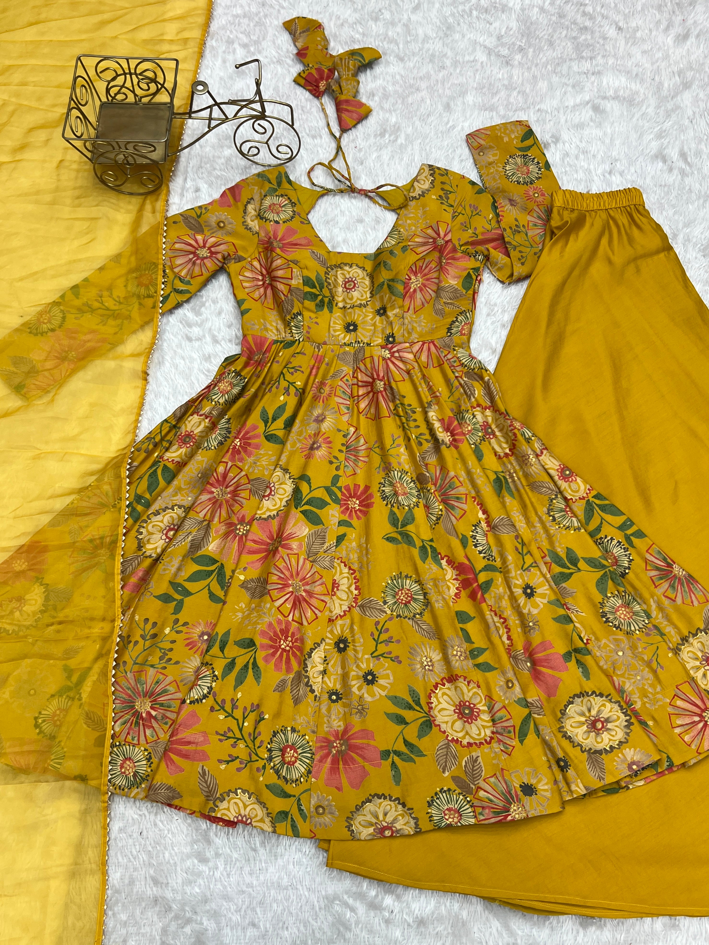 Sunshine Bloom Printed Roman Silk Kurta Palazzo Set with Dupatta