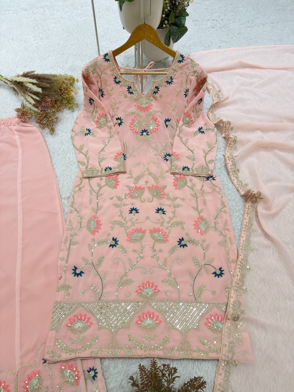 Premium Designer Pink Georgette Embroidery Suit Set