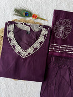 Very Attractive Royal Purple Floral Embroidered Cotton Suit Set