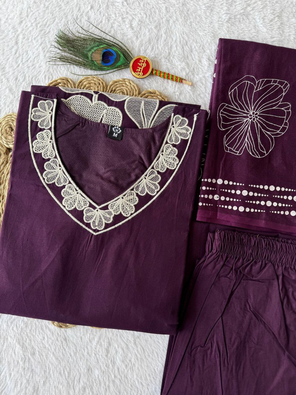 Very Attractive Royal Purple Floral Embroidered Cotton Suit Set
