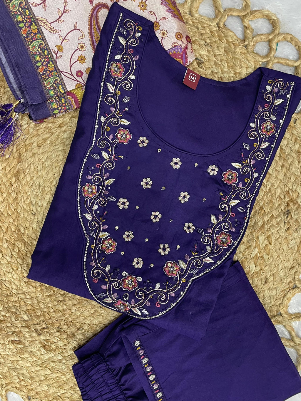 Attractive Navy Blue Premium Marina Silk Embroidered Kurti Pant Dupatta Set