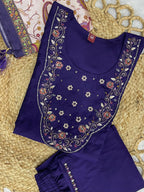 Attractive Navy Blue Premium Marina Silk Embroidered Kurti Pant Dupatta Set