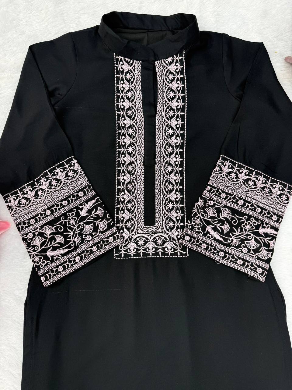 Black Rayon Thread Work Cotton Co-ord Kurta Set