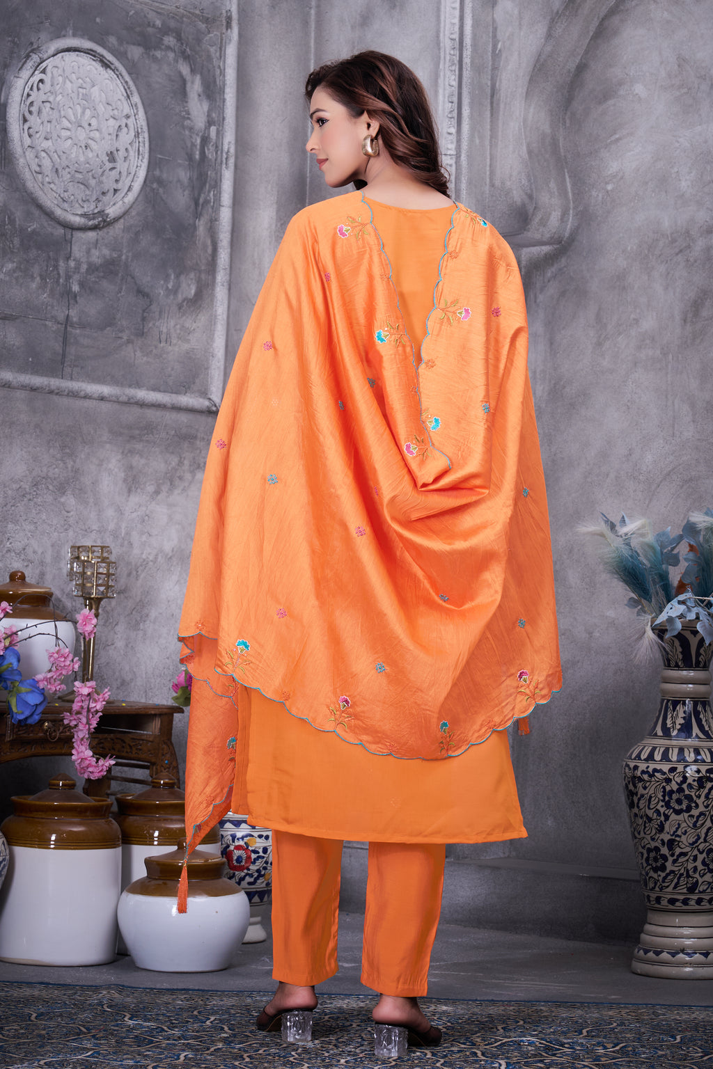 Designer Roman Silk Ethnic Suit Set with Embroidered Dupatta
