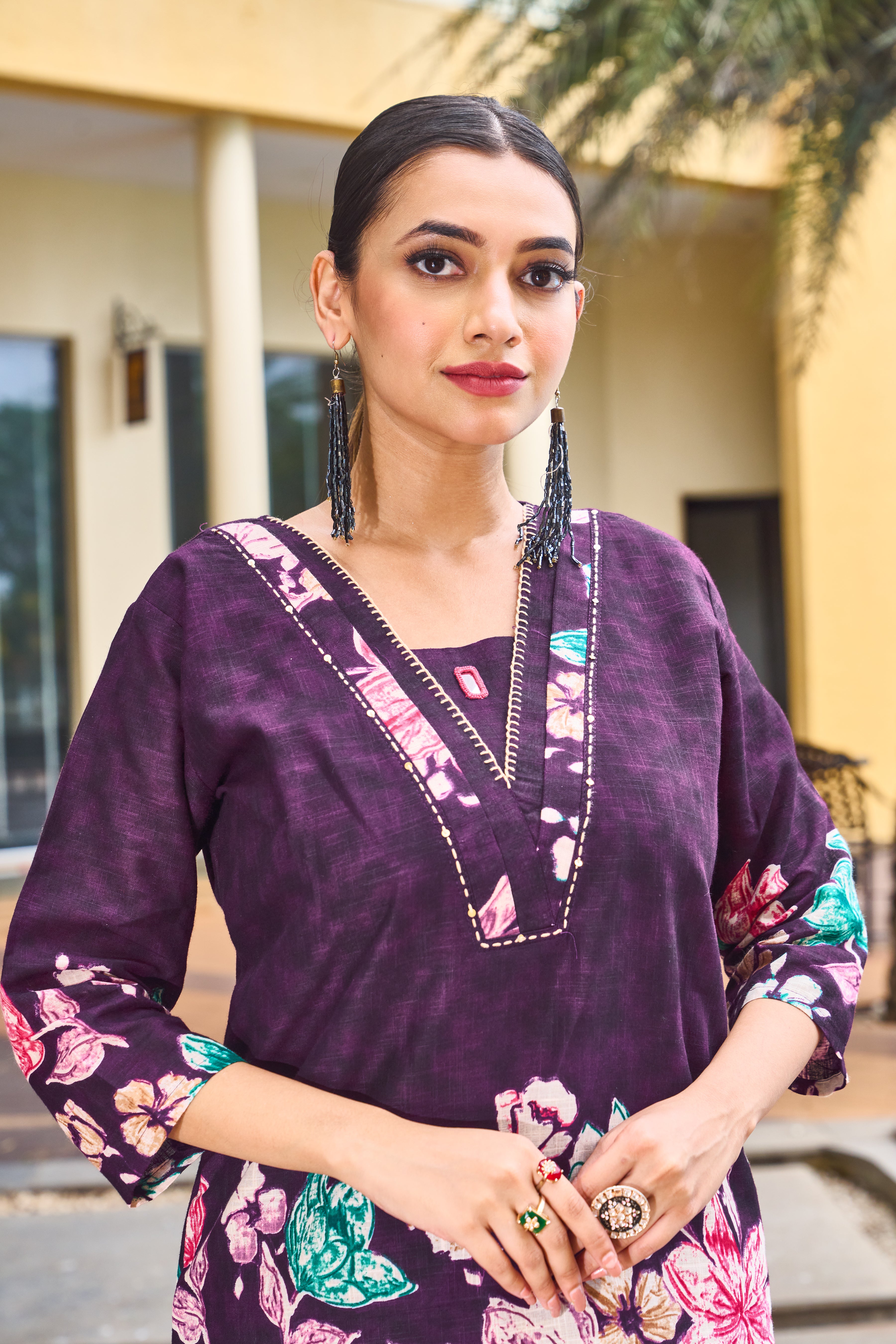 Elegant Purple Pure Cotton Floral Co-ords Set